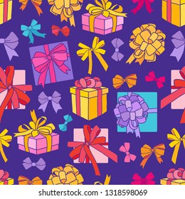 Seamless vector pattern with a delicate gift box with the ribbon.