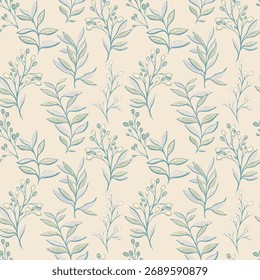 Seamless vector pattern with delicate leafy branches and berries in soft pastel green and blue tones on a beige background. Template for textiles, wrapping, and wallpapers