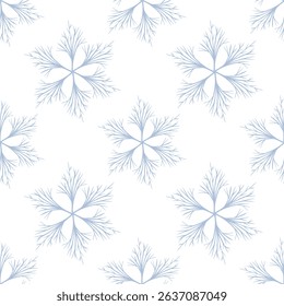 Seamless vector pattern of delicate light blue stylized snowflakes, resembling winter branches, creating a minimalist and elegant design perfect for winter-themed projects.