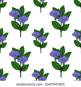 Seamless vector pattern of delicate light purple periwinkle flowers with vibrant green leaves, artistically rendered in a detailed botanical style, ideal for textile prints or spring-themed designs.