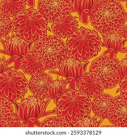 A seamless vector pattern of delicate line art dahlia flowers, leaves outlined in vibrant bright red, yellow lines on an isolated gold background