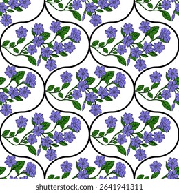 Seamless vector pattern of delicate periwinkle flowers and leaves arranged in elegant, repeating curves on a white background, creating a sophisticated floral design.