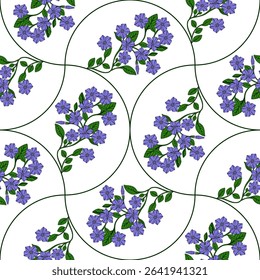 Seamless vector pattern of delicate periwinkle flowers arranged in elegant curved lines within circular frames, creating a sophisticated floral design perfect for textile prints or wallpapers.