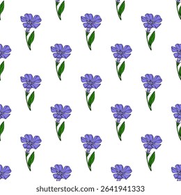 Seamless vector pattern of delicate periwinkle flowers with vibrant purple petals and lush green leaves, arranged in a repeating design on a white background.