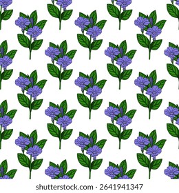 Seamless vector pattern of delicate periwinkle flowers with detailed leaves, perfect for textile prints or spring-themed designs.
