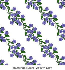 Seamless vector pattern of delicate periwinkle flowers and green leaves, arranged in a diagonal repeating design, ideal for textile prints or spring-themed backgrounds.