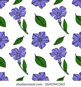 Seamless vector pattern of delicate periwinkle flowers and leaves, featuring a vibrant purple hue and lush green foliage, ideal for textile design or spring-themed projects.