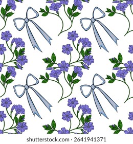 Seamless vector pattern of delicate periwinkle flowers and light blue bows on a white background, creating a charming and elegant design.