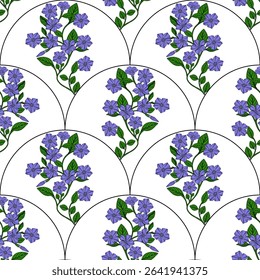 Seamless vector pattern of delicate periwinkle flowers arranged in elegant half-circle motifs, creating a sophisticated floral design ideal for textile prints or wallpaper.