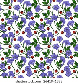 Seamless vector pattern of delicate periwinkle flowers and ladybugs, a charming floral design with vibrant purple blossoms and red insects on a white background, perfect for textile prints or sprin...