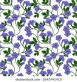Seamless vector pattern of delicate periwinkle flowers and green leaves, arranged in a graceful, repeating design, ideal for textile prints or wallpapers.