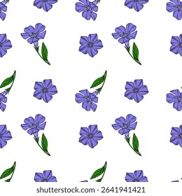 Seamless vector pattern of delicate periwinkle flowers and buds, featuring a mix of single blossoms and stems with leaves, creating a charming floral design perfect for spring or summer projects.