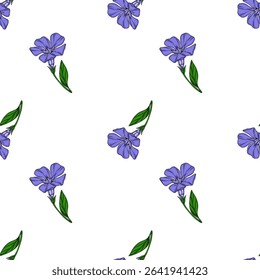 Seamless vector pattern of delicate periwinkle flowers with green leaves on a white background, ideal for textile prints and floral designs.