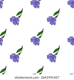 Seamless vector pattern of delicate periwinkle flowers with green leaves, arranged in a repeating design on a white background, ideal for textile prints or digital designs.