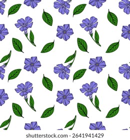 Seamless vector pattern of delicate periwinkle flowers and green leaves on a white background, ideal for textile prints or spring-themed designs.