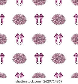 Seamless vector pattern with delicate pink chrysanthemum flowers and elegant purple bows on a white background, ideal for feminine designs and spring-themed projects.