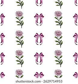 Seamless vector pattern with delicate pink chrysanthemum flowers and elegant purple bows, perfect for feminine designs and textile prints.
