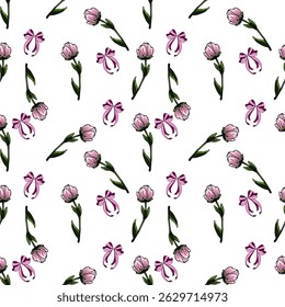 Padrão de vetor sem costura de delicado crisântemo rosa e arcos roxos em um fundo branco, um design floral encantador perfeito para projetos de primavera ou femininos.