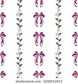 Seamless vector pattern with delicate pink bows and elegant green leaves, creating a charming and romantic design perfect for various applications.