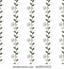 Seamless vector pattern of delicate pink flowers and green leaves arranged in vertical lines, creating a charming and elegant floral design.