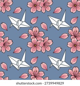Seamless vector pattern of delicate pink cherry blossoms and origami cranes on a soft blue background, with scattered petals.