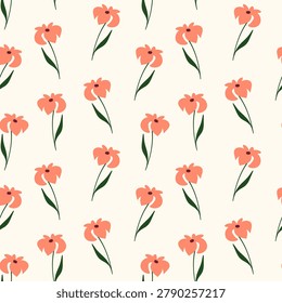 Seamless vector pattern of delicate pink flowers on beige background. Rural romantic floral background.