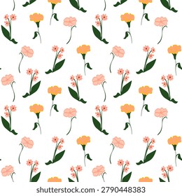 Seamless vector pattern of delicate pink flowers on white background. Rural romantic floral background.