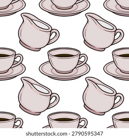 Seamless vector pattern of delicate pink teacups with saucers and cream pitchers filled with dark liquid