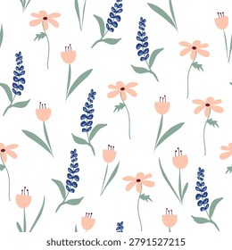 Seamless vector pattern of delicate pink and blue flowers on beige background. Rural romantic floral background.