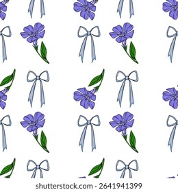 Seamless vector pattern with delicate purple periwinkle flowers and light blue bows on a white background, creating a charming and elegant design.