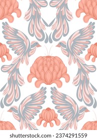 Seamless vector pattern with delicate stylized birds and lush peonies. Gentle texture in pastel colors on a white background. Delicate background for fabrics, wrapping paper and your creativity