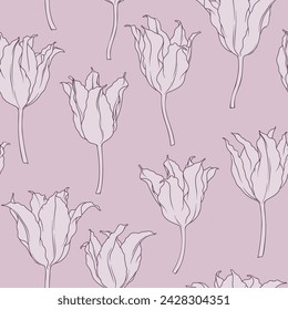 
Seamless vector pattern, delicate tulips on a light pink-lilac background