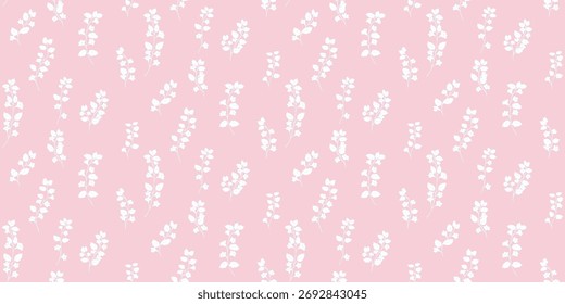 Seamless vector pattern with delicate white botanical stems on a soft pink background. Minimal and elegant design for textiles, wallpapers, stationery,