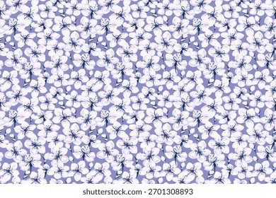Padrão de vetor sem emenda com delicadas flores de cereja branca em um fundo lilás suave. Elegantes desenhos florais para tecido de primavera, embalagem feminina, decoração de casamento, artigos de papelaria