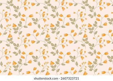 Seamless vector pattern with delicate yellow bells flowers and green leaves on a soft light background. Elegant and romantic, perfect for textiles, wallpapers, packaging, wedding designs, stationery.