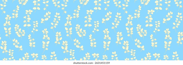 Seamless vector pattern with delicate yellow wildflower stems and leaves on a soft blue background. Ideal for ornament, fabric, wallpaper, stationery, and surface design