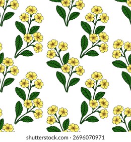 Seamless vector pattern of delicate yellow primrose flowers with lush green leaves on a clean white background, evoking a fresh spring aesthetic.