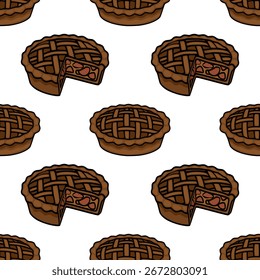 Seamless vector pattern of delicious brown pies with lattice crust, some showing a slice removed, creating a charming and appetizing design perfect for autumnal or bakery-themed projects.