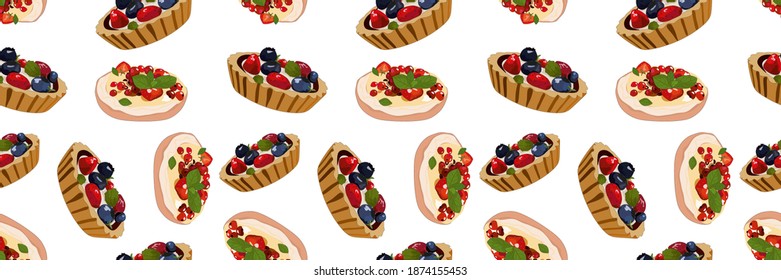 Seamless vector pattern. Delicious cake with cream, berries and mint.