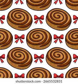 Seamless vector pattern of delicious cinnamon rolls with red bows, perfect for bakery branding or festive designs, featuring a hand-drawn style and warm brown and red color palette.