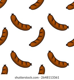 Seamless vector pattern of delicious grilled sausages, illustrated in a playful cartoon style with rich brown hues and bold outlines, perfect for food packaging or BBQ-themed designs.