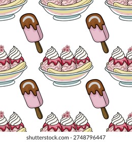 Seamless vector pattern of delicious ice cream sundaes and chocolate-dipped popsicles, perfect for summer treats.