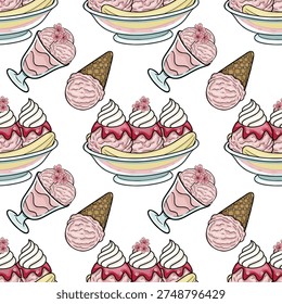 Seamless vector pattern of delicious pink ice cream sundaes and cones, adorned with cherry blossoms.