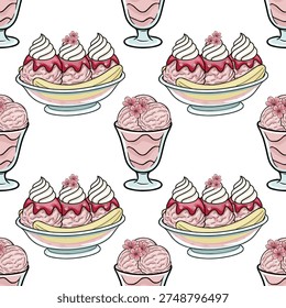 Seamless vector pattern of delicious pink ice cream sundaes and banana splits with cherry blossoms