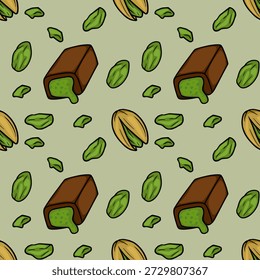 Padrão vetorial sem costura de deliciosas barras de chocolate pistachio e nozes espalhadas