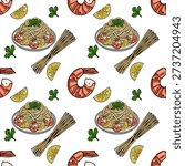 Seamless vector pattern of delicious shrimp pasta with lemon slices and parsley, perfect for food backgrounds.