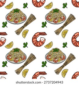 Seamless vector pattern of delicious shrimp pasta with lemon slices and parsley, perfect for food backgrounds.