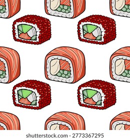 Seamless vector pattern of delicious sushi rolls with salmon, avocado, and tobiko roe