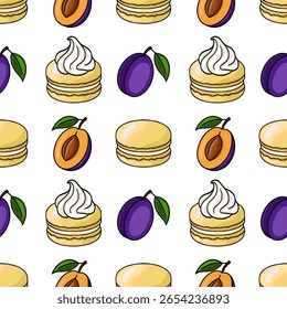 Padrão de vetor contínuo de deliciosos macarons de baunilha com chantilly e suculentas metades de ameixa, criando um design vibrante e apetitoso perfeito para blogs culinários ou embalagens de doces.