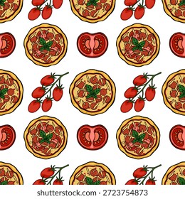 Padrão de vetor sem emenda de deliciosas pizzas de pepperoni inteiras e tomates maduros frescos